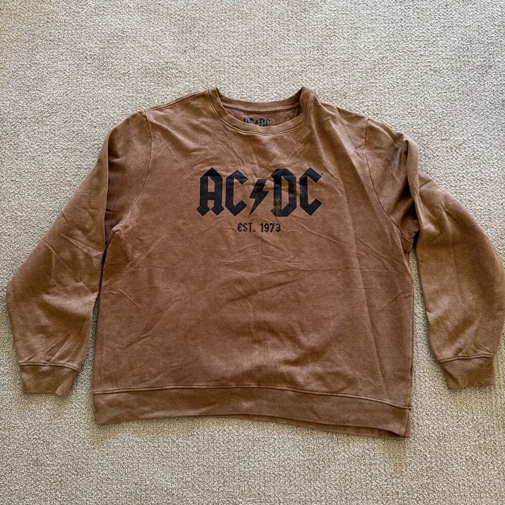 ACDC Band Sweatshirt Mens XL Camel Brown Acid Wash AC/DC Graphic Crew Pullover